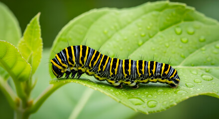 Fototapeta premium Macro Photography of Garden Pest Caterpillar on Foliage in Sunlight
