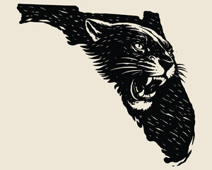 Panther Head Illustration in Woodcut Style Merged with Florida State Outline © Ghaghah24