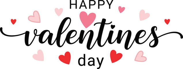 Elegant Happy Valentine's Day Black Script Typography with Soft Pink and Red Hearts for Romantic Holiday Greeting Cards and Invitations