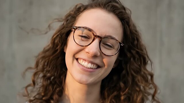 A vibrant close-up captures a young adult woman with beautiful brown curly hair and stylish tortoise-shell eyewear, radiating genuine happiness. She smiles broadly towards the camera, her eyes crinkli