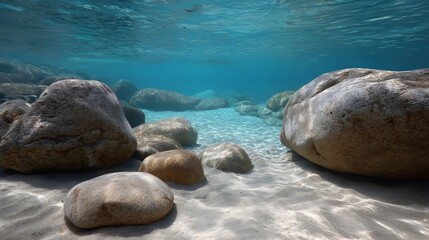 Smooth rounded rocks resting on a sandy seabed in crystal clear blue underwater