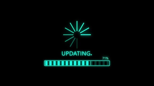 Updating Progress Bar Warning Message System Updated Alert on Screen. cyan glowing progress bar shows from o to 100% percent of ransomware active on a background.