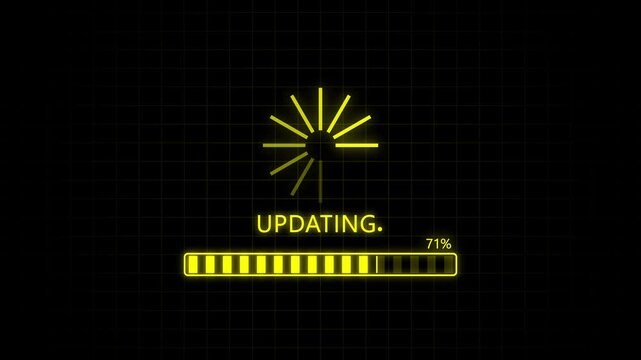 Updating Progress Bar Warning Message System Updated Alert on Screen. Yellow glowing progress bar shows from o to 100% percent of ransomware active on a background.