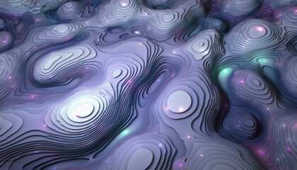 Obraz premium A top-down view of an abstract purple landscape with swirling patterns and glowing orbs, resembling a futuristic terrain or digital artwork.