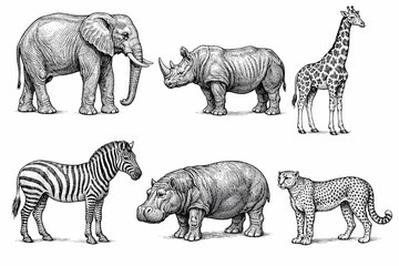 Fototapeta premium Detailed black and white sketches of african wildlife animals: elephant, rhino, giraffe, zebra, hippo, cheetah