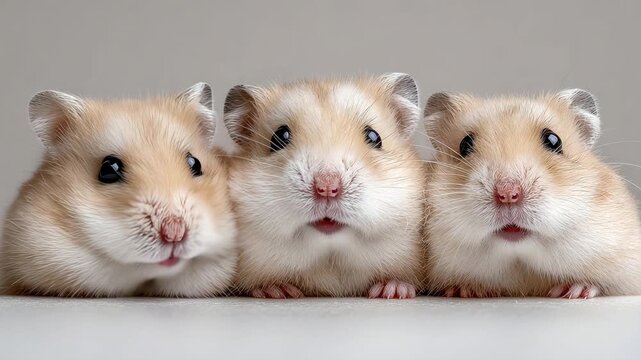Group of three funny dwarf hamsters looking curiously at the camera while moving their noses and mouths on a seamless light background in a studio setting, representing friendship and teamwork