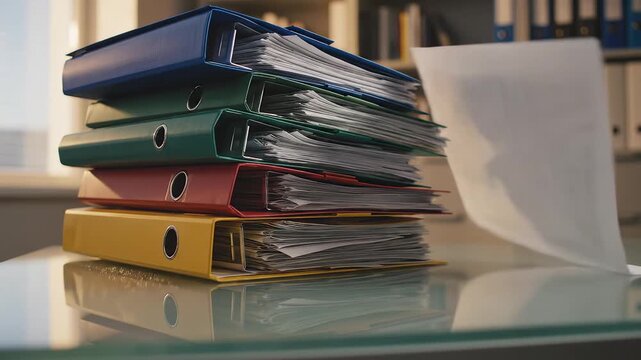 Stack of colorful binders on glass table