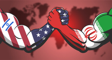 Vector political banner. Arm wrestling. Powerful muscular male arms in colors of flags of United States of America and Islamic Republic of Iran. Blurred red world map background. Iranian and american