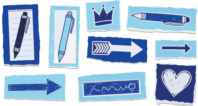 Blue scrapbook doodle sticker collection isolated on white background with pencil and crayon scribbles, Featuring crown, Arrow and heart clip Art.eps