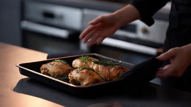 Chef carrying tray of roasted chicken thighs and placing it on table in professional kitchen ready to serve hot dinner