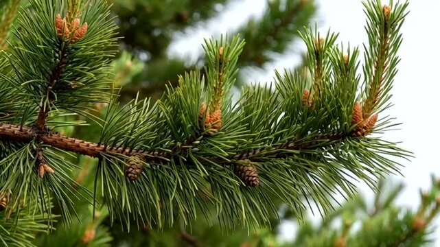 Close-up of a pine tree branch with green needles and small pine cones, showcasing the intricate details of natures growth in a forest environment.