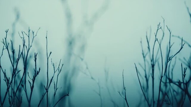 Leafless branches of a plant reaching towards a muted background, creating a serene and melancholic scene evoking themes of winter, dormancy, and tranquil solitude in nature