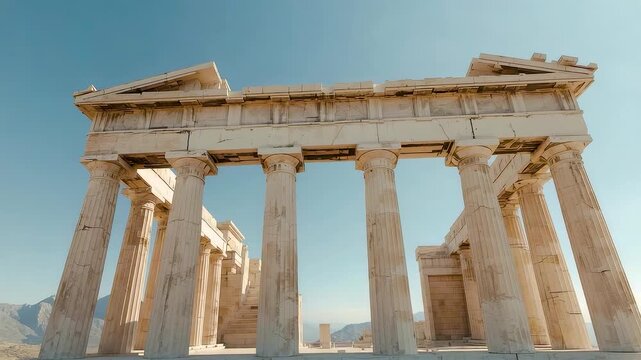 Ancient Parthenon temple Acropolis Athens Greece marble columns blue sky sunny day historic landmark classical architecture ruins heritage site