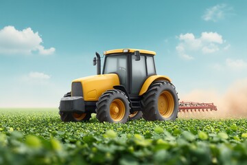 Obraz premium Yellow tractor plows a green field under a bright blue sky with fluffy clouds