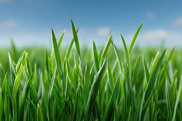 Close-up of vibrant green grass blades reaching towards a clear blue sky