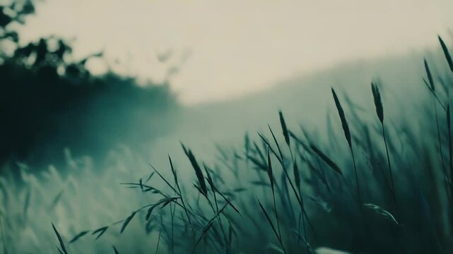 Tall grasses and reeds sway in soft focus against a dark, moody backdrop, forming an abstract, tranquil pattern of movement and texture at dusk
