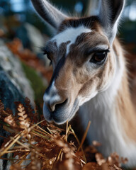 Obraz premium A dramatic close-up image of a llama with textured fur chewing on foliage, highlighting its expressive eyes and intricately detailed fur, illuminating the beauty of wildlife.