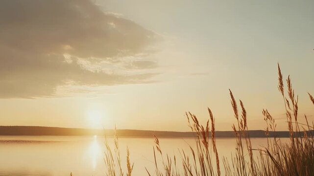 Serene landscape presenting a vibrant golden sunset reflecting on calm lake water, with tall natural reeds silhouetted in the foreground, creating a peaceful and harmonious natural scene