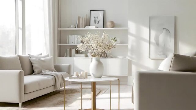 Bright minimalist living room large windows natural sunlight beige sofa gold coffee table dried pampas grass vase shelves cozy modern decor