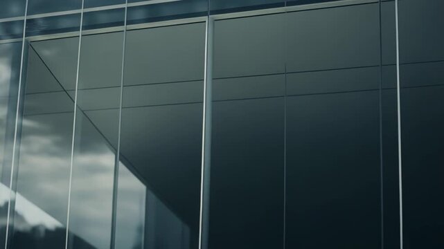 Modern architectural glass facade reflecting the sky and green trees, creating an abstract and dynamic visual composition merging urban design with natural elements