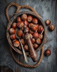 Bowl of chopped hazelnuts with spoon against a textured grey background highlighting natural tones