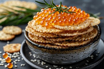 Savory red trout caviar presented in a bowl accompanied by sesame seed crackers on a dark table
