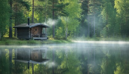Obraz premium Wooden sauna hut by forest pond with low fog and still water mirror reflections in soft light