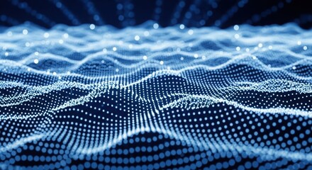 Futuristic digital waveform landscape with dots and waves representing modern technology and data visualization in a sleek blue aesthetic.