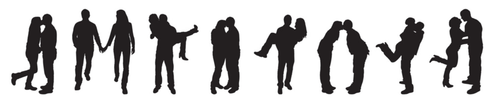 Silhouette of couple making  their hands overhead love. Set of Silhouettes of romantic couple hugging, kissing, making love. Love gestures. vector illustration.
