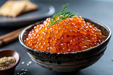 Delicious red trout caviar served in a bowl with sesame seed crackers on a black concrete table