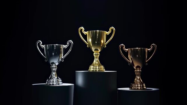 Three elegant trophies on display, symbolizing achievement and success in competitions. Perfect for celebrating victories and awards in various fields