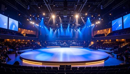 Large, circular stage centered in a theater, bathed in blue and white spotlights. Audience fills the seats in a modern, multi-tiered structure