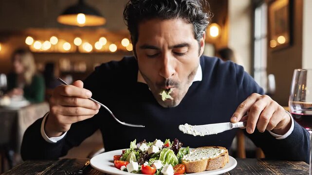Man enjoying salad and bread at restaurant