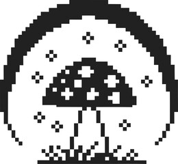 Fototapeta premium Pixel art magic mushroom surrounded by sparkling stars and grass under moonlight effect