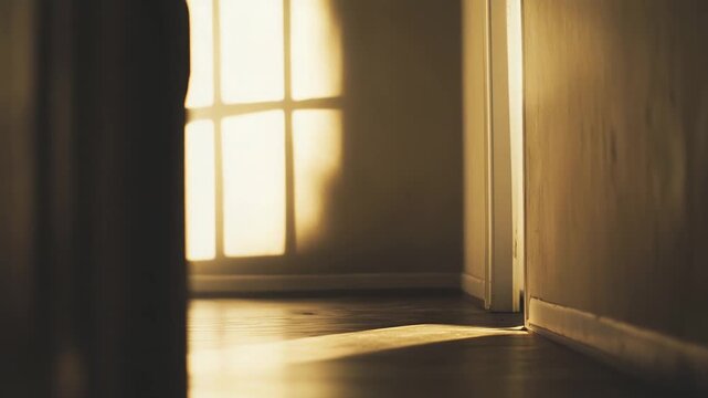 Warm sunlight streaming through a windowpane, casting a cross shaped shadow on an interior wall and illuminating the wooden floor in a cozy, empty room, creating a peaceful and quiet atmosphere