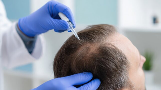 Hair loss treatment in modern clinic, specialist applying medication to scalp with medical applicator, clean bright interior, calm professional