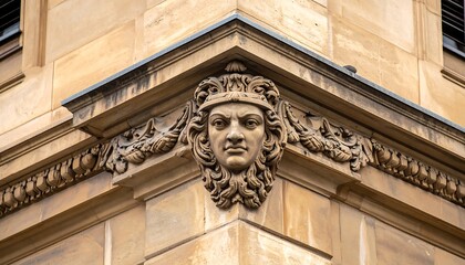 Obraz premium Stone building corner detailed with a sculpted human face figure as architectural ornament