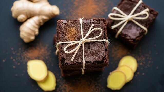 Gourmet homemade dark chocolate ginger brownies stacked and tied with twine, surrounded by fresh ginger root and slices, dusted with cinnamon