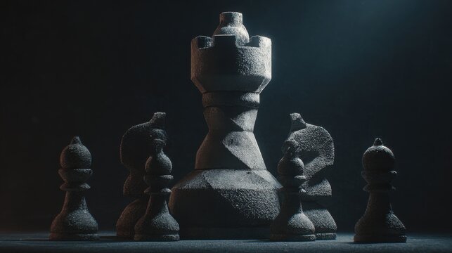 Massive stone rook chess piece in center, smaller pieces around it, fortress symbolism, strong directional lighting, protection and stability concept