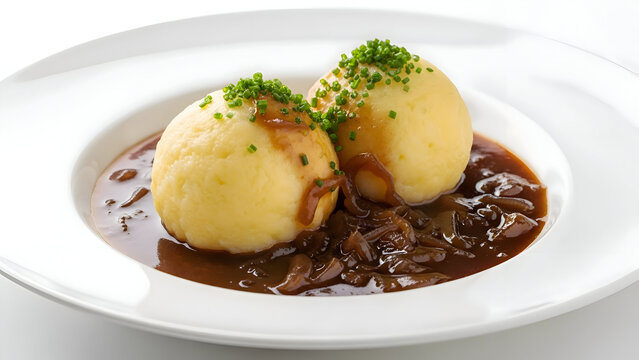 Two large potato dumplings (Semmelkn&ouml;del) served in a rich brown gravy with caramelized onions, a traditional German comfort food dish.