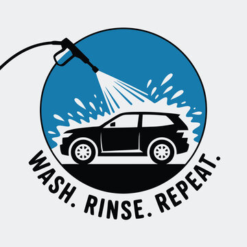 Dynamic car wash service icon featuring a vehicle being sprayed by a pressure washer