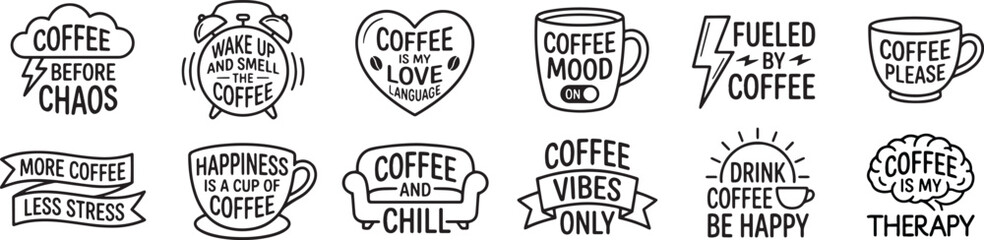 Coffee Humor Quote Icon Set With Hand-Drawn Typography and Playful Cafe Illustrations for Prints and Branding