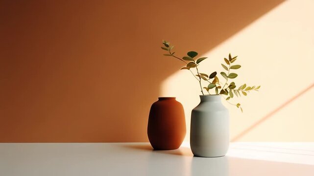 Minimalist ceramic vases and a single plant branch on a white surface, sunlit shadows creating a warm, modern terracotta and white still life with clean, natural elegance