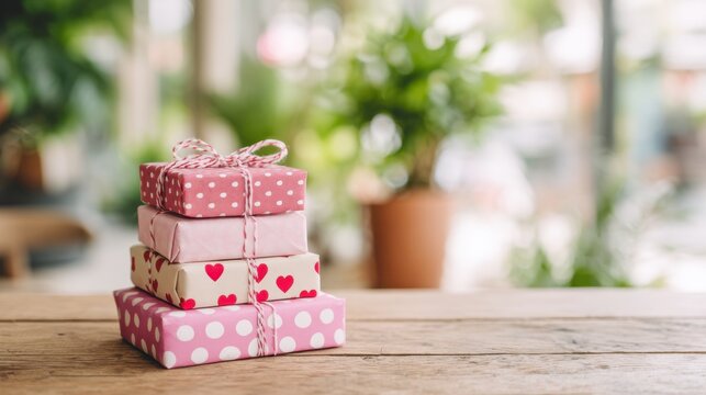 A Charming Display of Festively Wrapped Gifts Sitting on a Rustic Wooden Table Surrounded by Lush Greenery in a Bright, Cheerful Atmosphere