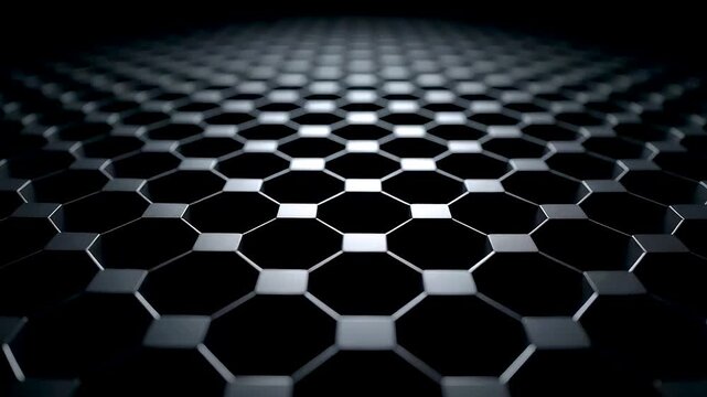 Sleek black hexagonal grid pattern endless repeating honeycomb structure glossy reflective surface dark abstract geometric background
