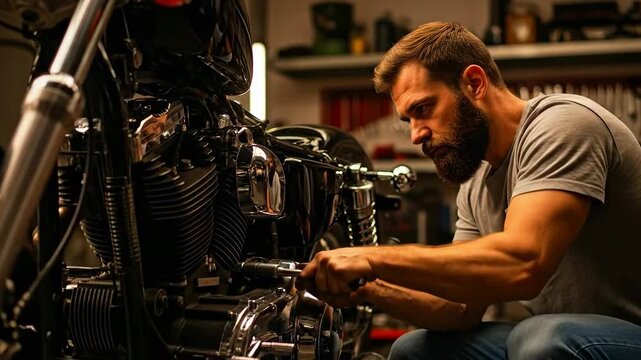 Mechanic working on motorcycle engine in a cluttered workshop, close-up view of hands and machinery