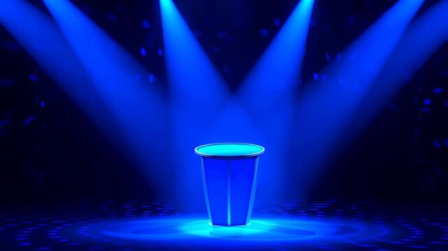 Blue plastic cup illuminated by vibrant stage lights in a dynamic party atmosphere. Represents celebration, nightlife, and social gatherings