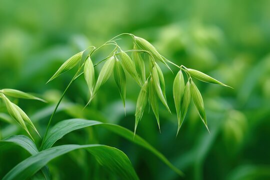 Delicate green oat spike with soft focus green background