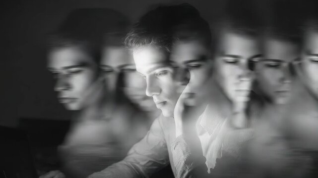 A tired young man with a blur effect, sitting in front of a laptop, unfocused and scattered consciousness