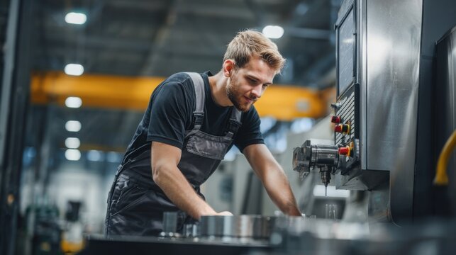 Single skilled worker adjusting CNC machine settings, modern factory floor, focused expression, precision engineering concept, shallow depth